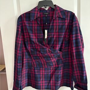 Talbots Fuchsia and Navy Plaid Wrap-Style Blouse - silk / cotton mix